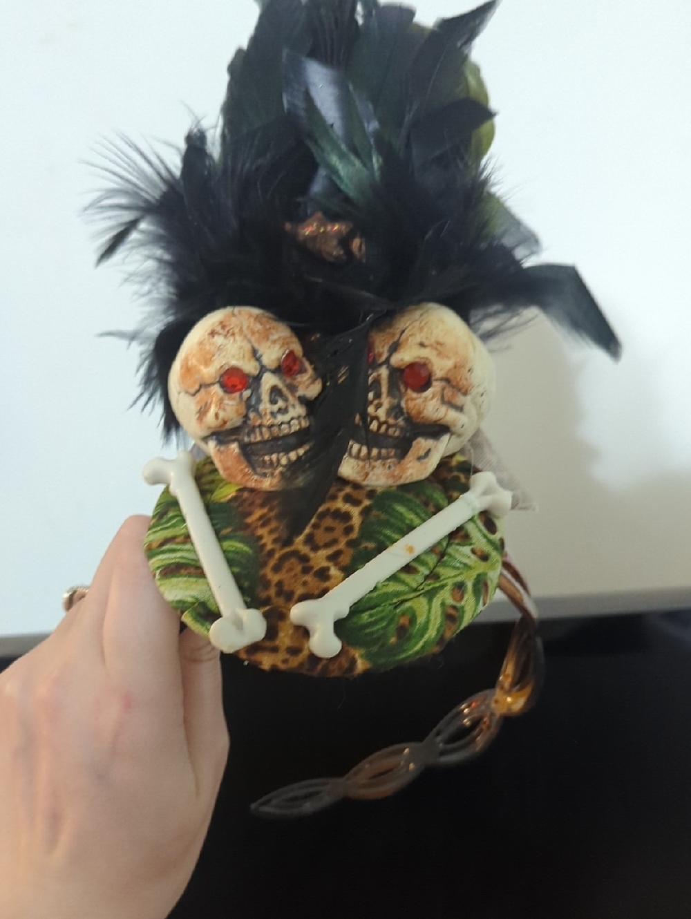 Skull Double-Head Pin Cushion with Feathers - Green & Black